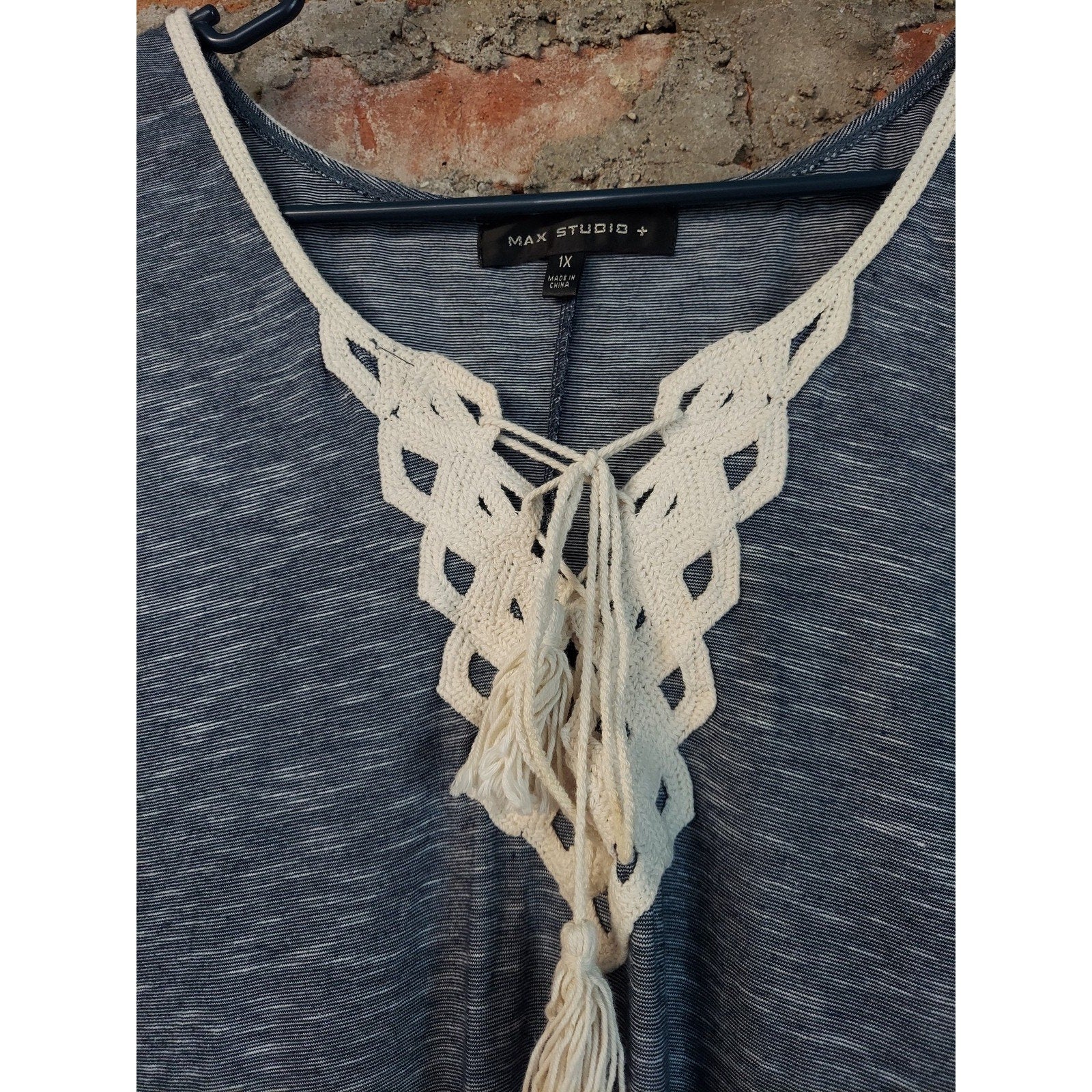 MAX STUDIO Womens Dress 1X Gray Cream Sleeveless Crochet Lace Up Tunic Shift