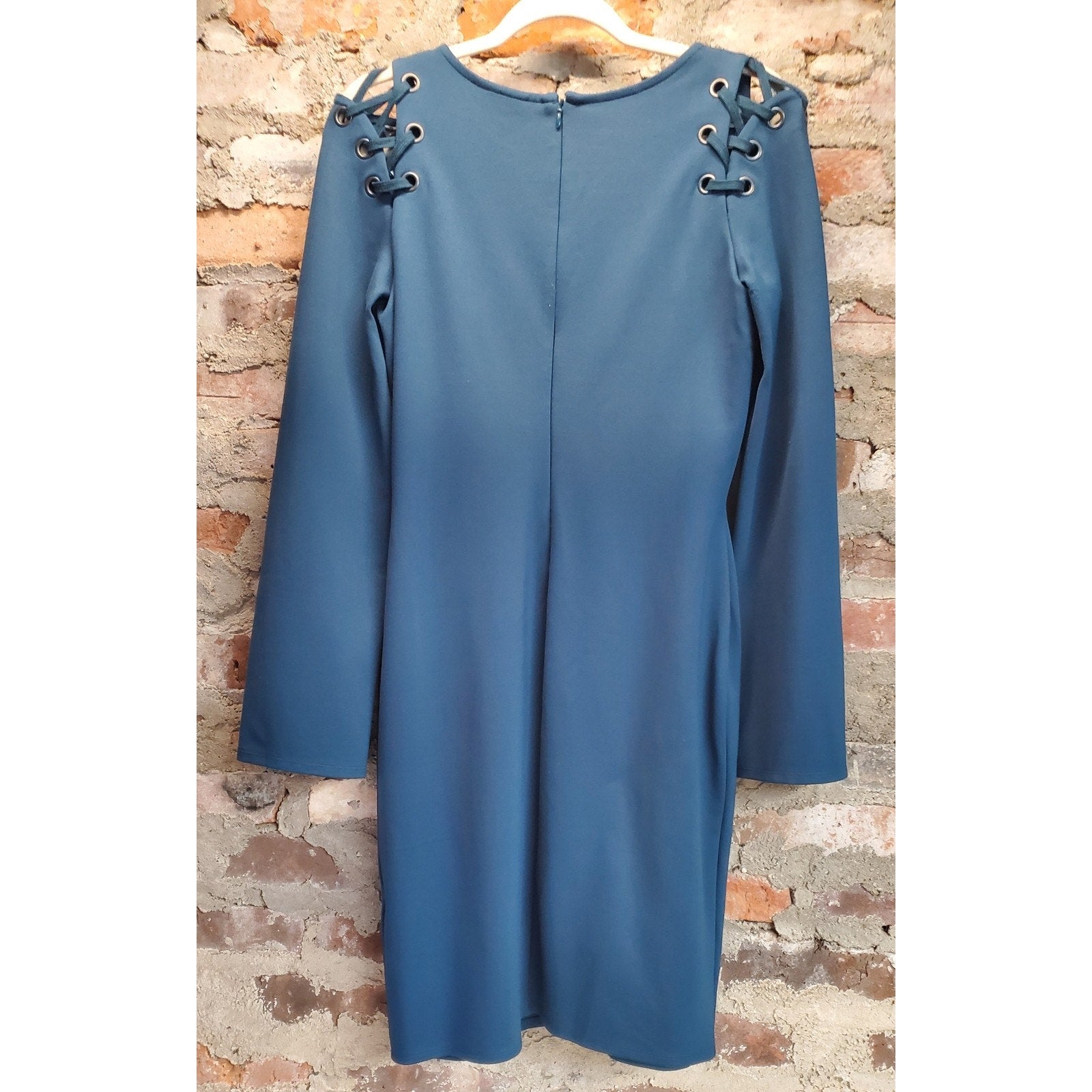 Bar III Womens Sheath Dress M Teal Long Sleeve Lace Up Shoulders Stretch Zipper