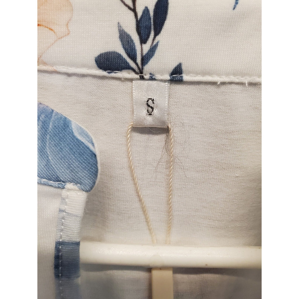 Womens Long Sleeve Top S White Blue Floral Print V Neck Pleated Casual