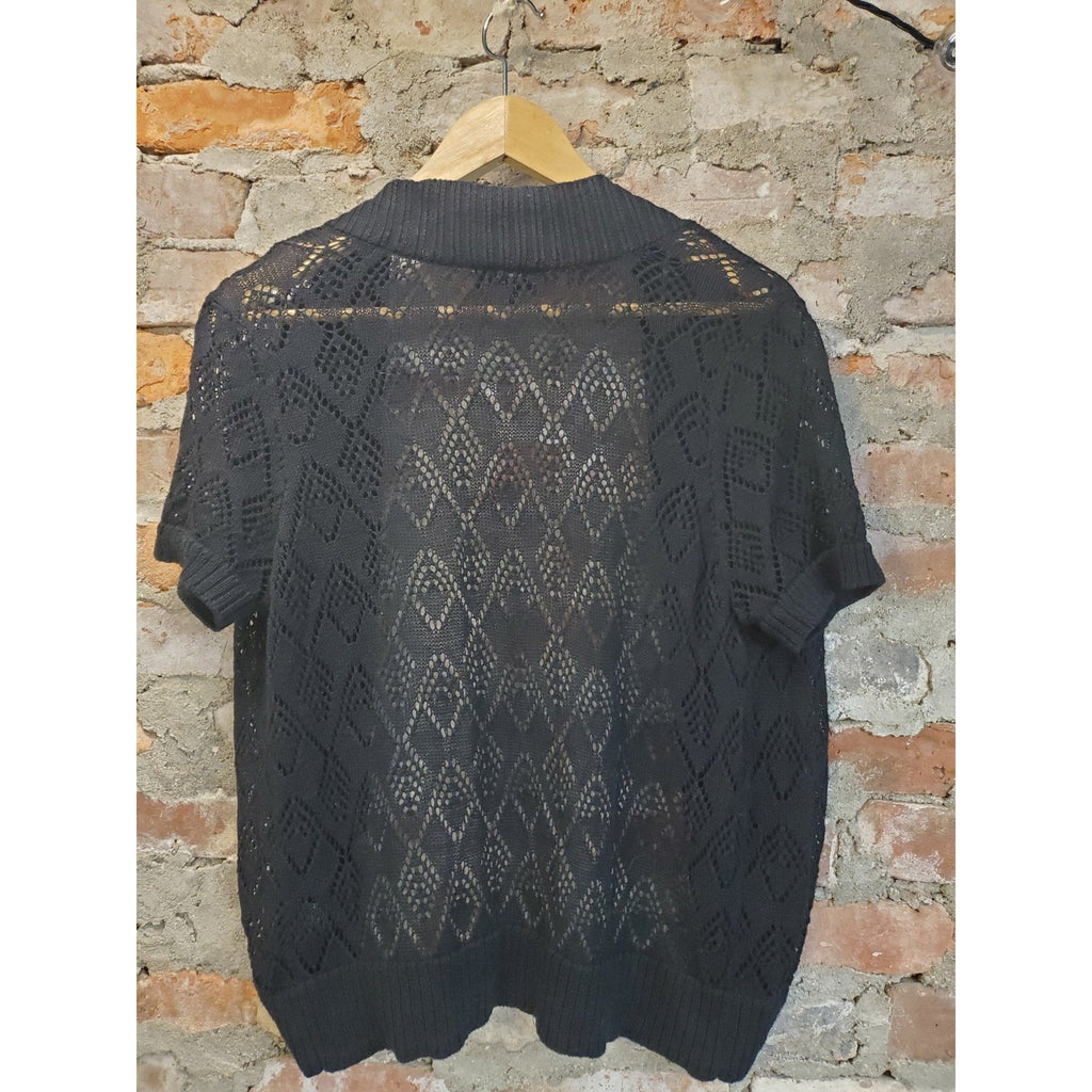 AGB Womens Cardigan L Black Short Sleeve Open Weave Sheer Knit Crochet Shrug
