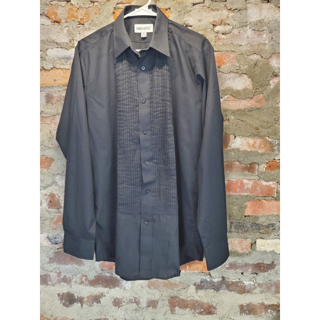 OMEGATUX Mens Black Pleated Tuxedo Dress Shirt M 15 1/2 34 35 Formal