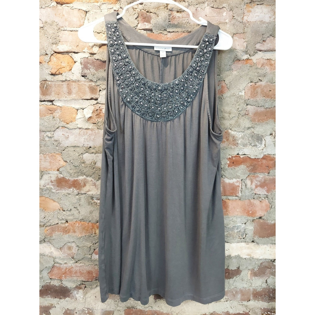 Fashion Bug Womens Tank Top 1X Gray Beaded Embellished Neckline Flowy
