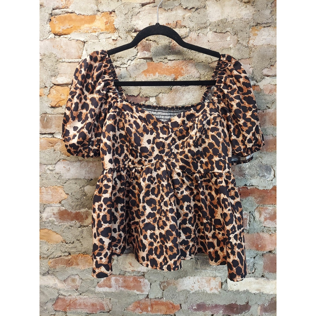 SHEIN CURVE Womens 0XL Leopard Print Peplum Top Square Neck Puff Sleeve Smocked