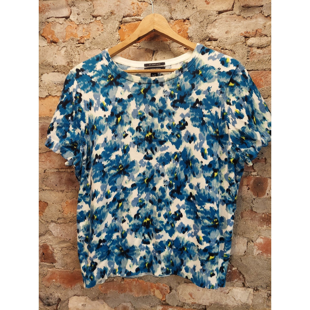 Lands End Womens Short Sleeve Sweater L P 14 16 Blue White Yellow Floral Supima