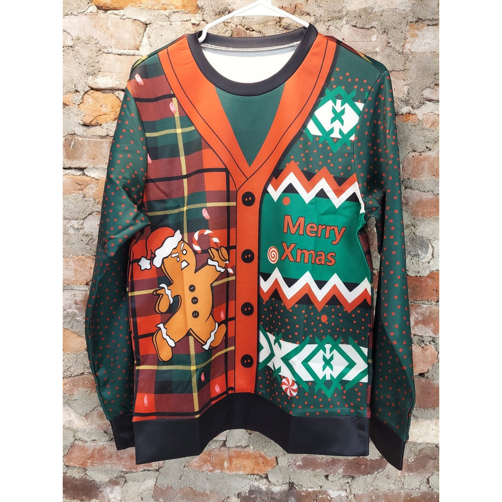 LMYOVE Mens Ugly Christmas Sweatshirt Gingerbread Man Plaid Merry Xmas Small