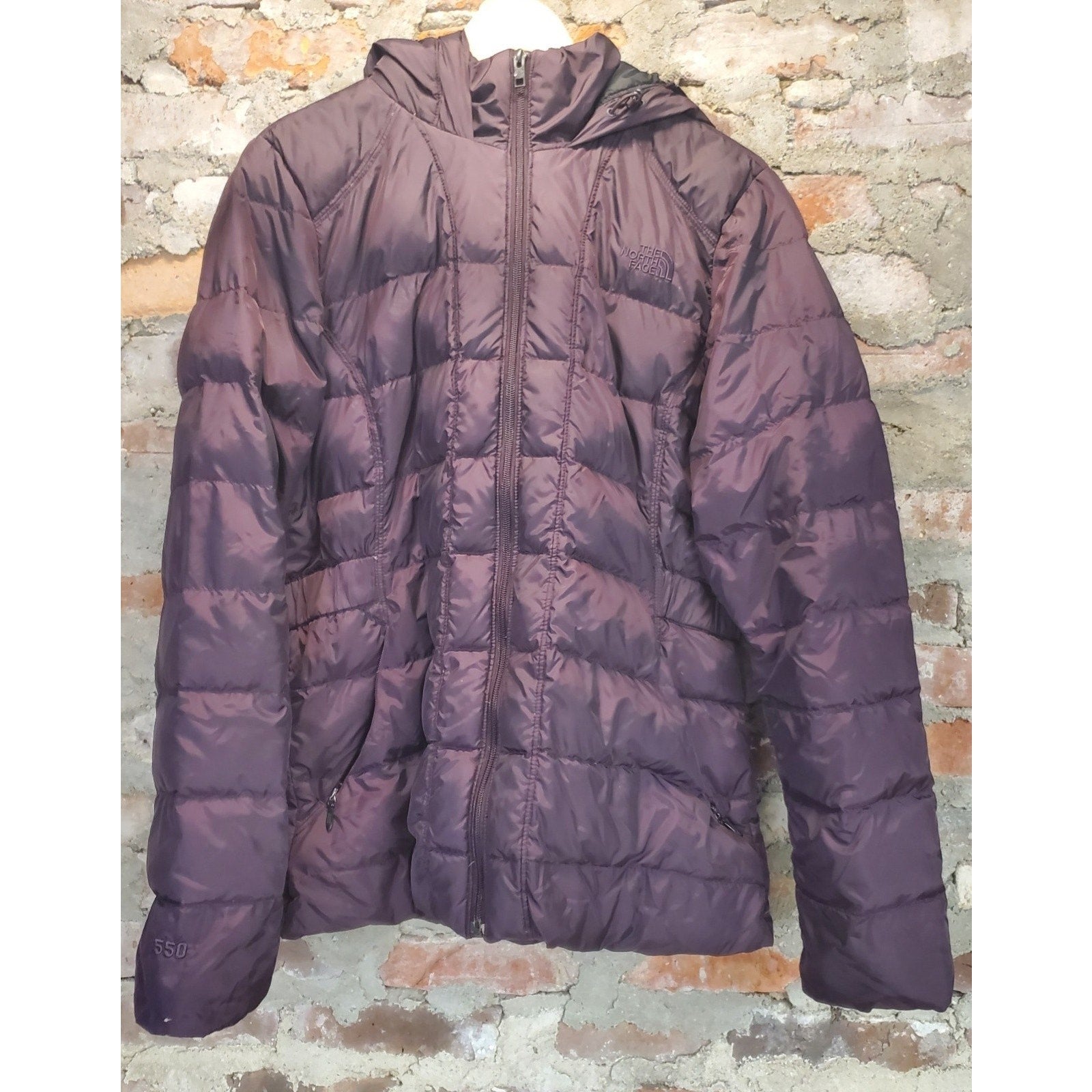 North Face Womens Puffer Jacket Hooded XL Purple 550 Down Fill Insulated