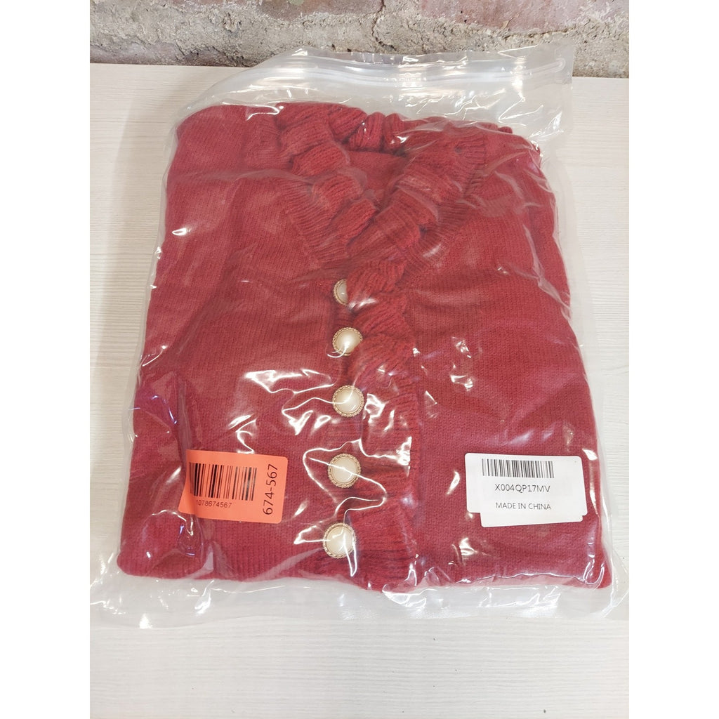 Womens Ruffle V Neck Red Cardigan Pearl Button Long Sleeve Knit S Small