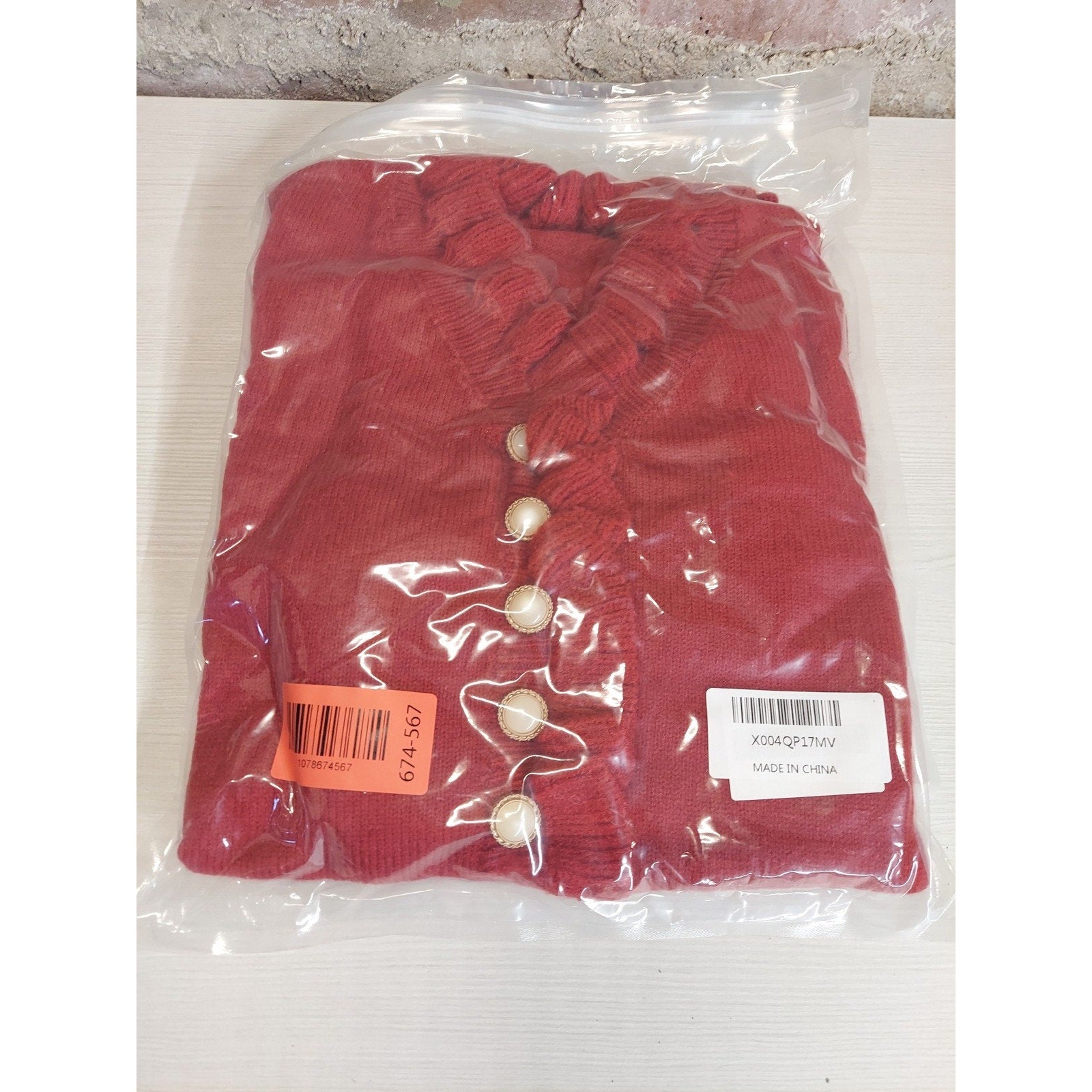 Womens Ruffle V Neck Red Cardigan Pearl Button Long Sleeve Knit S Small