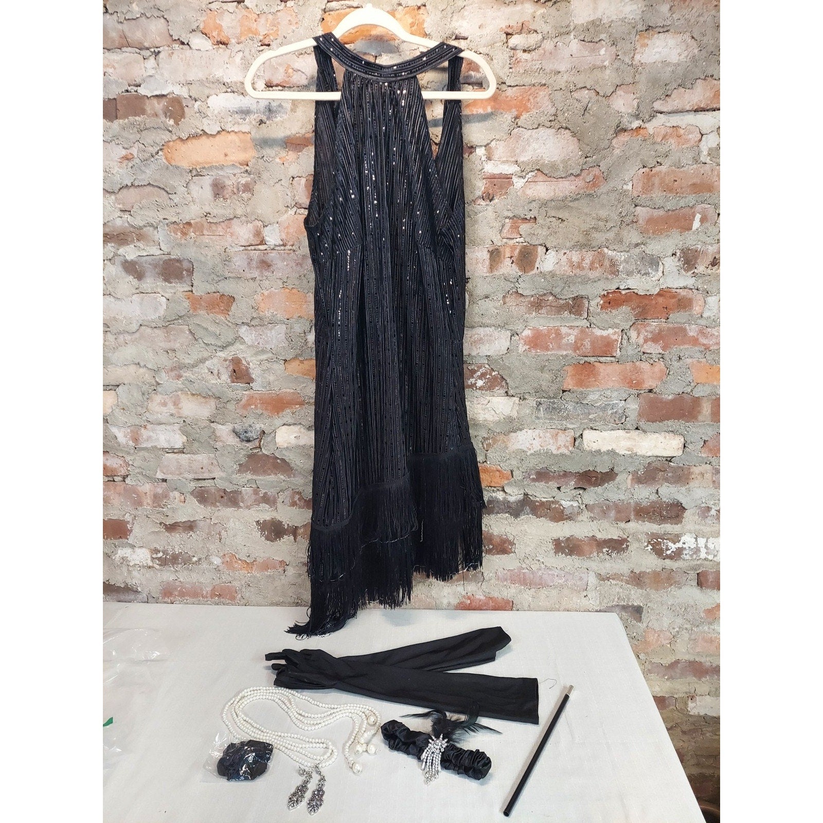Womens Flapper Dress Costume XL Black Sequin Fringe 1920s Gatsby Halloween
