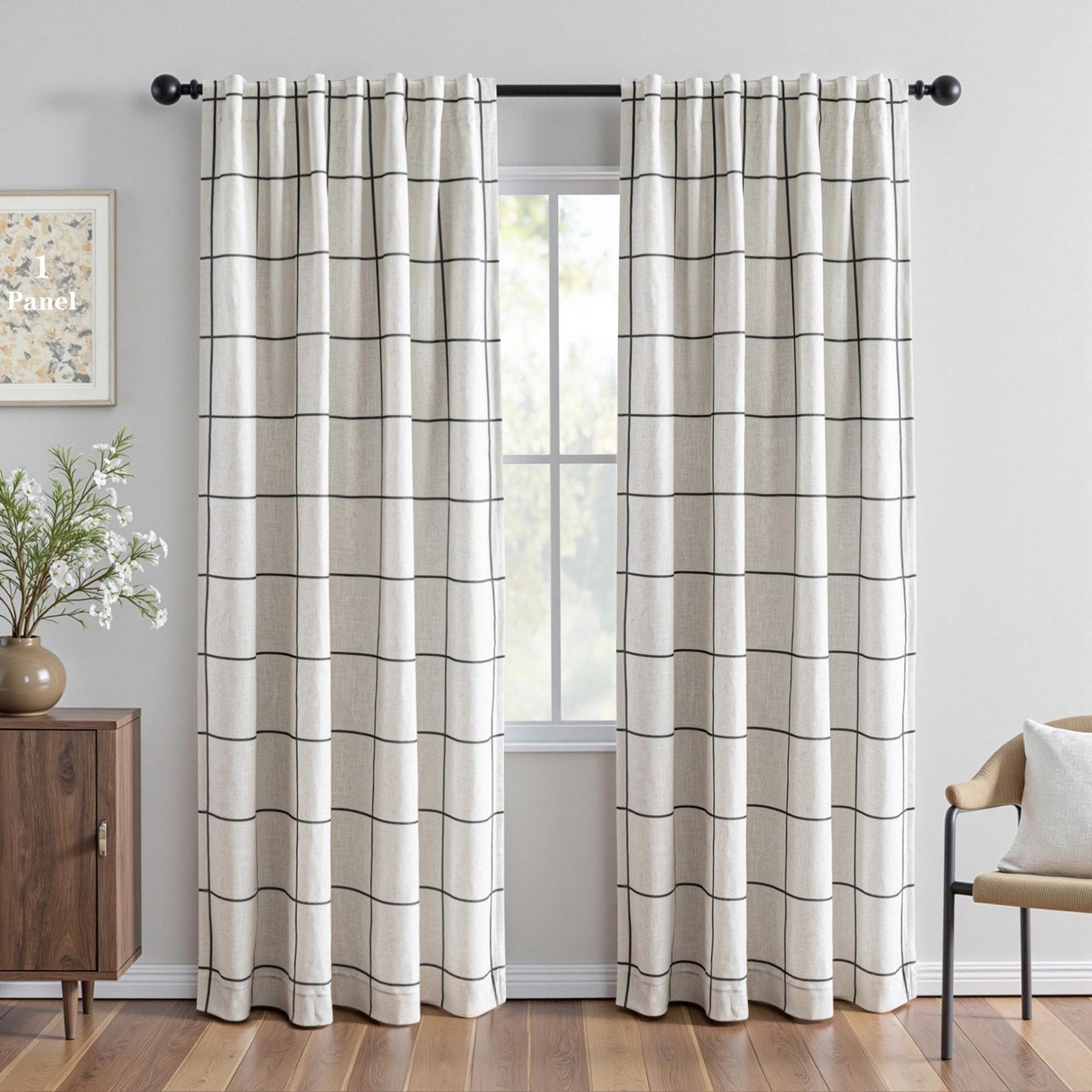 Curtain Panels Off White Black Windowpane Grid Farmhouse Rod Pocket Pair 84x52