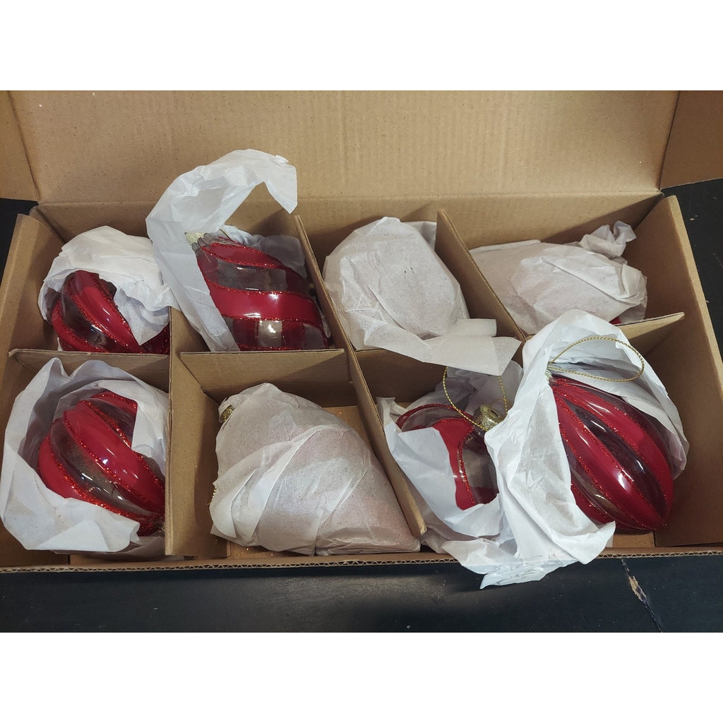 Christmas Ornaments Set of 8 Red Clear Glitter Glass Swirl Stripe Holiday Tree