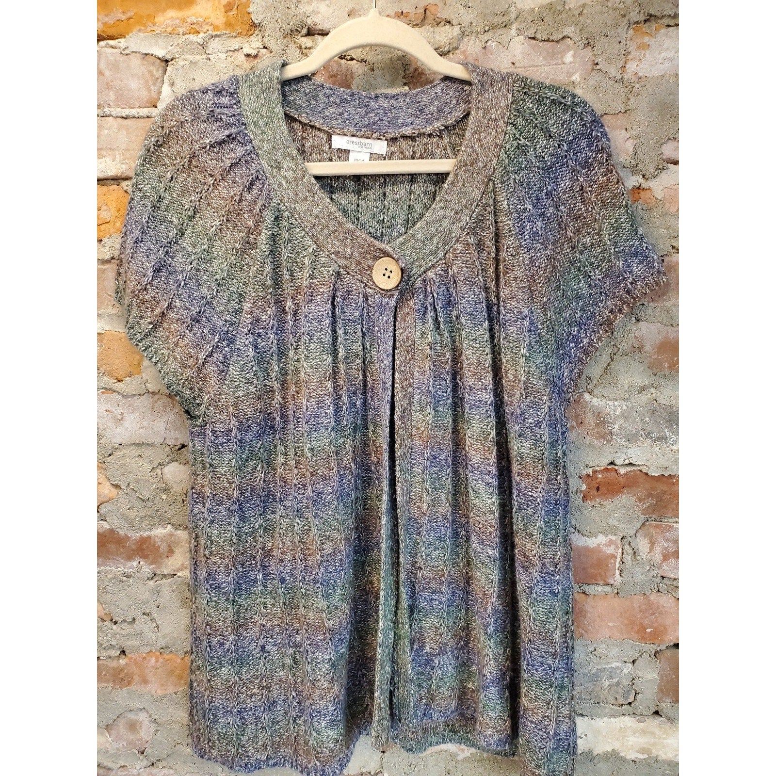 Dressbarn Womens Cardigan 14 16 Multicolor Knit Short Sleeve V Neck Button
