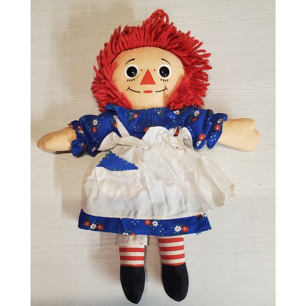 Raggedy Ann Doll Vintage 12" Tall Red Yarn Hair Blue Floral Dress Stuffed Toy