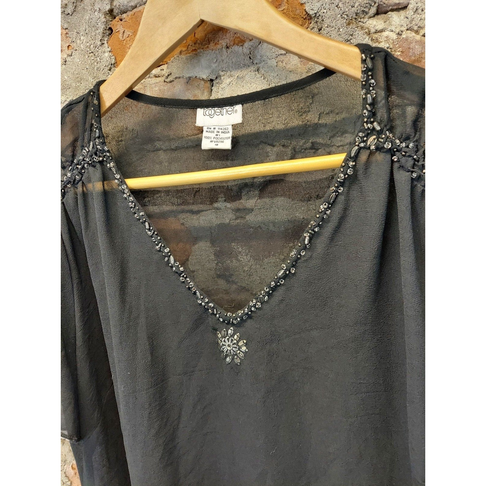 Together Womens Blouse Plus Size 18 Black Sheer Beaded Flutter Sleeve