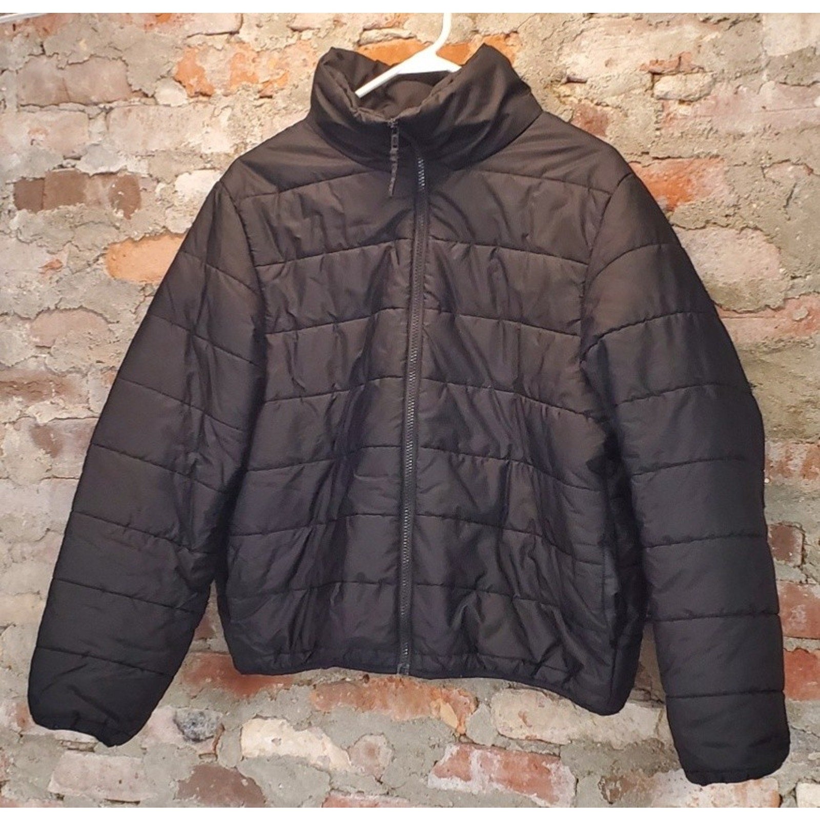 Wild Fable Womens Puffer Jacket L Black Quilted Full Zip Mock Neck