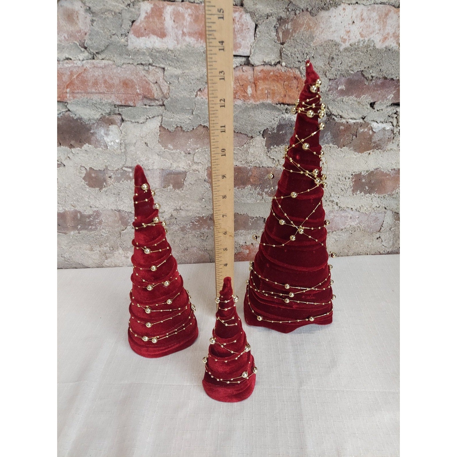Christmas Trees Red Velvet Gold Beaded Set of 3 Tabletop Holiday Decor