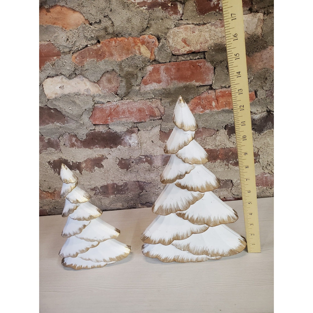 Christmas Trees Set 2 White Gold Wood Tiered Tabletop Holiday Decor Farmhouse