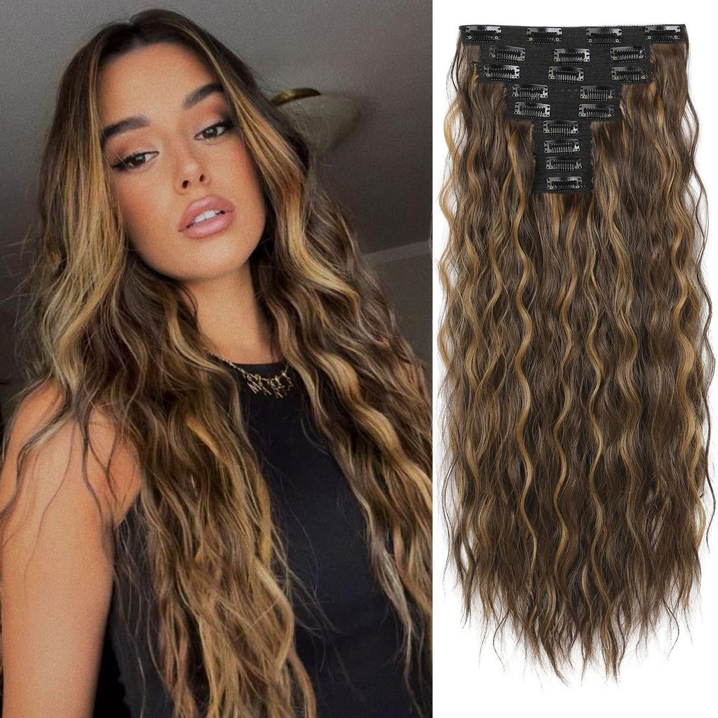 REECHO Hair Womens Clip In Hair Extensions 24" Wavy Brown Blonde Highlights Long