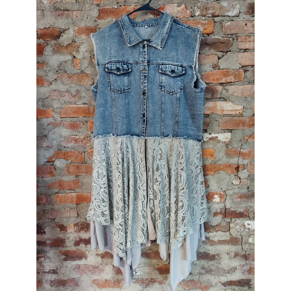 Womens Denim Lace Tunic Dress XXL Light Wash Gray Sleeveless Button Front