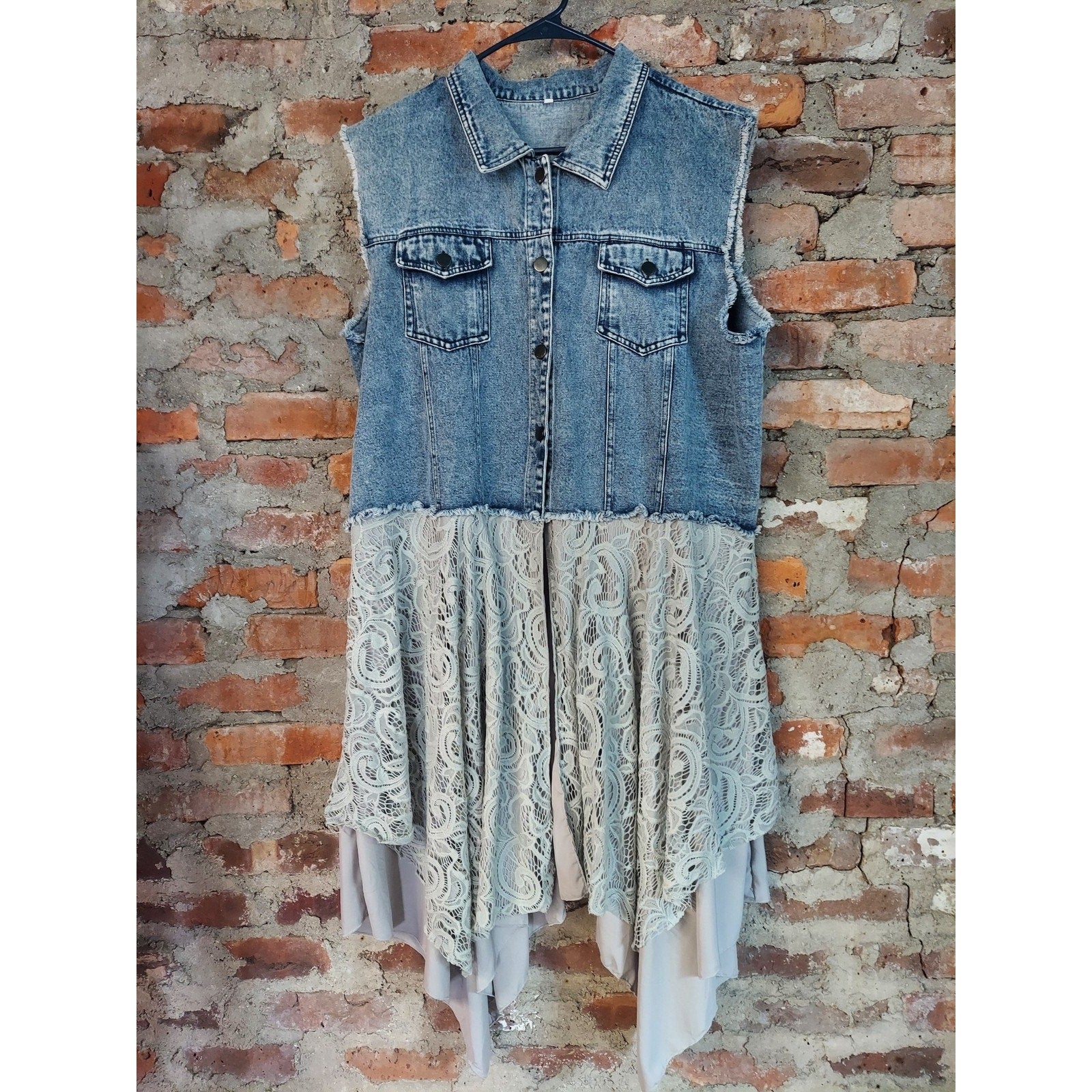 Womens Denim Lace Tunic Dress XXL Light Wash Gray Sleeveless Button Front