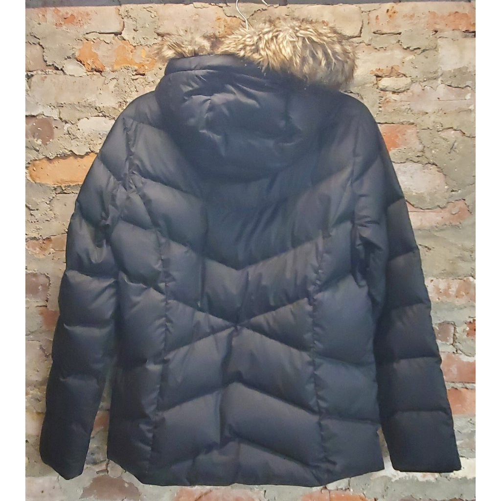 Eddie Bauer Womens Puffer Jacket M Black Faux Fur Hood Winter Coat Warm