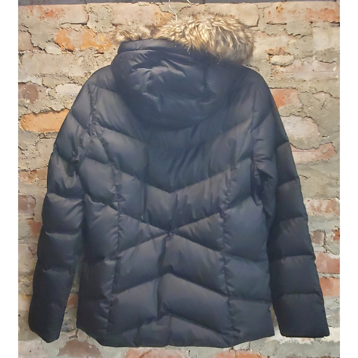 Eddie Bauer Womens Puffer Jacket M Black Faux Fur Hood Winter Coat Warm