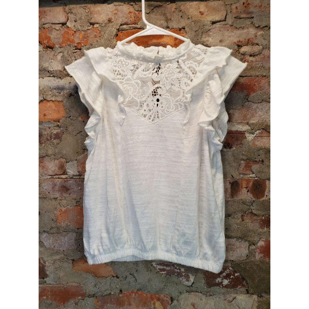 Express Womens White Small Ruffle Sleeve Lace High Neck Keyhole Back Blouse Top