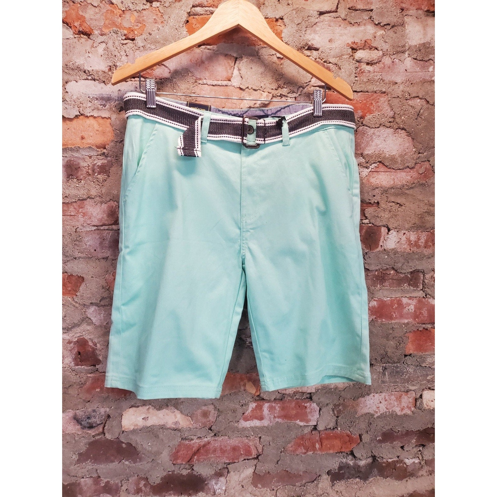 True Rock Mens Size 34 Mint Green Chino Shorts Belted Flat Front Pockets