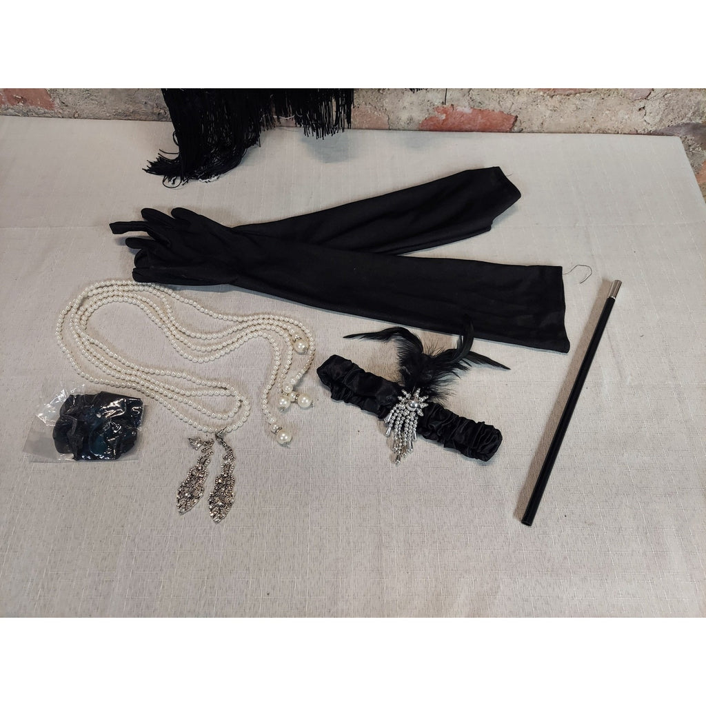 Womens Flapper Dress Costume XL Black Sequin Fringe 1920s Gatsby Halloween