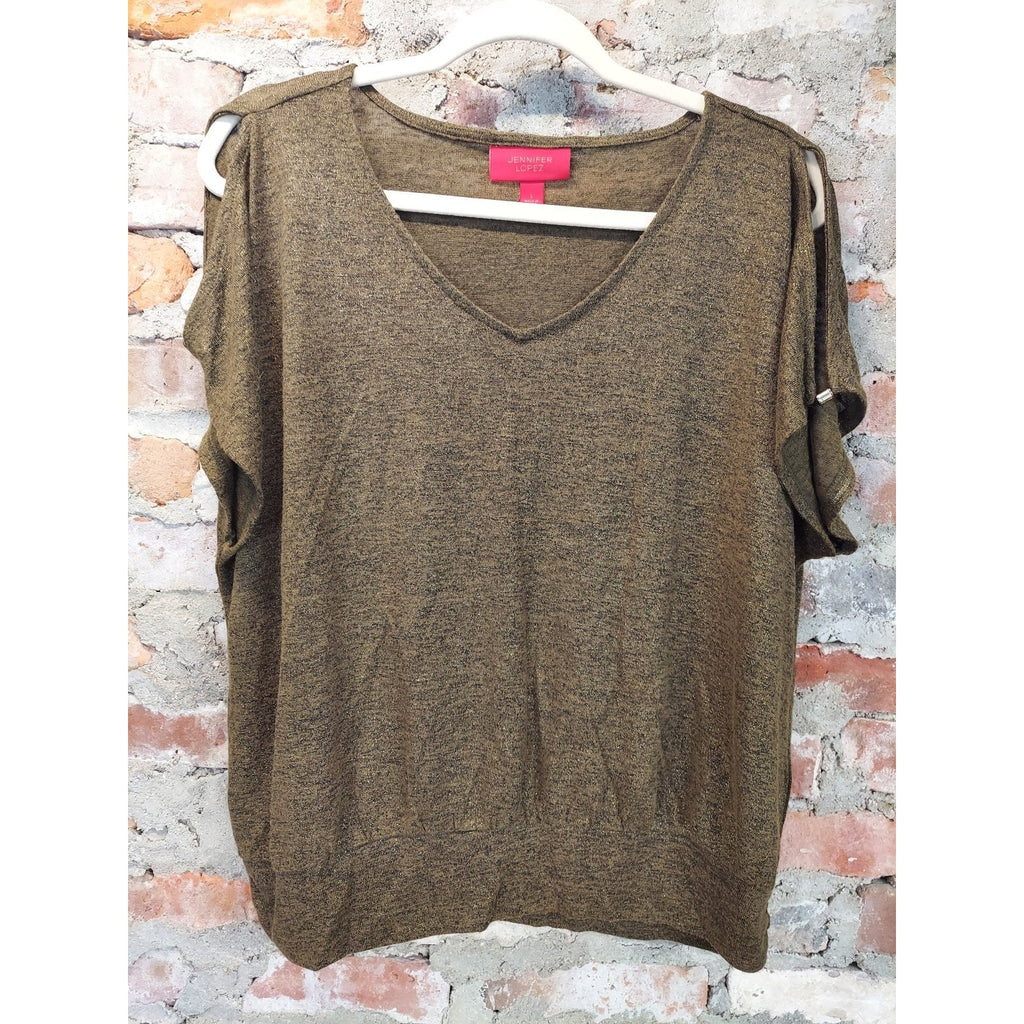 Jennifer Lopez Womens Cold Shoulder Knit Top L Olive Gold Heathered V Neck