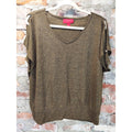 Jennifer Lopez Womens Cold Shoulder Knit Top L Olive Gold Heathered V Neck