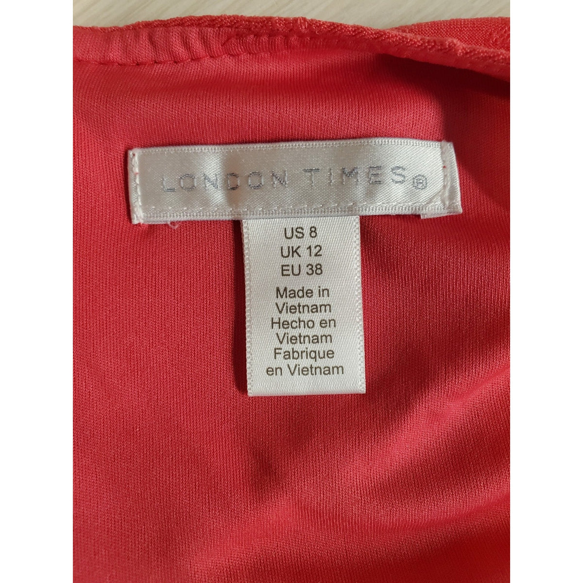 London Times Womens Eyelet Dress US 8 Coral Sleeveless Midi Round Neck Fit Flare