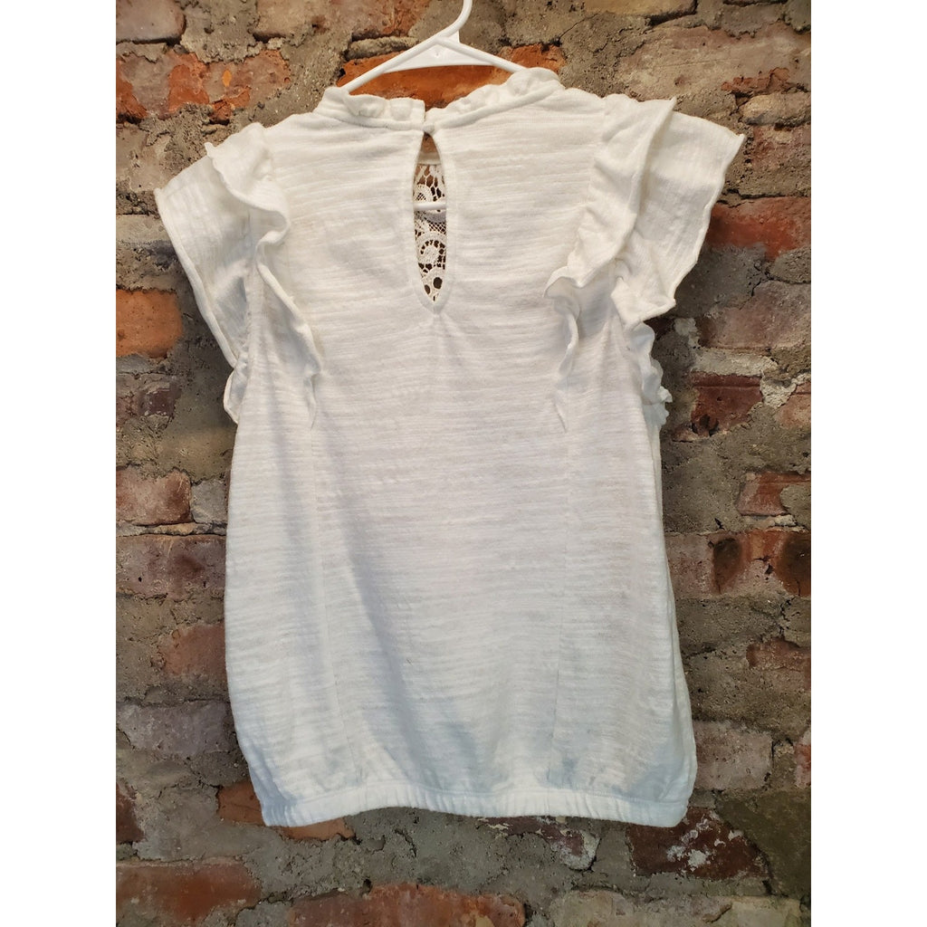 Express Womens White Small Ruffle Sleeve Lace High Neck Keyhole Back Blouse Top