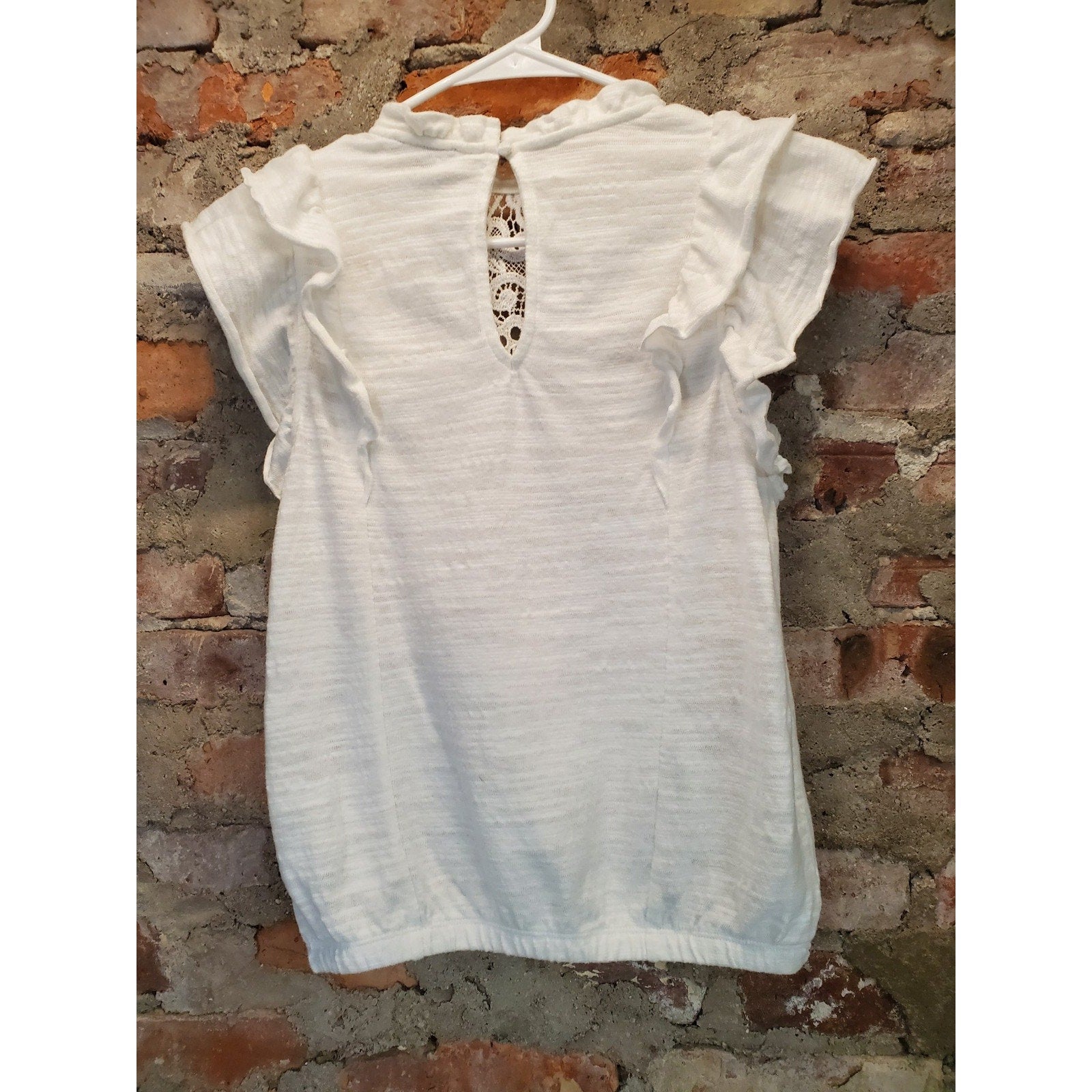 Express Womens White Small Ruffle Sleeve Lace High Neck Keyhole Back Blouse Top