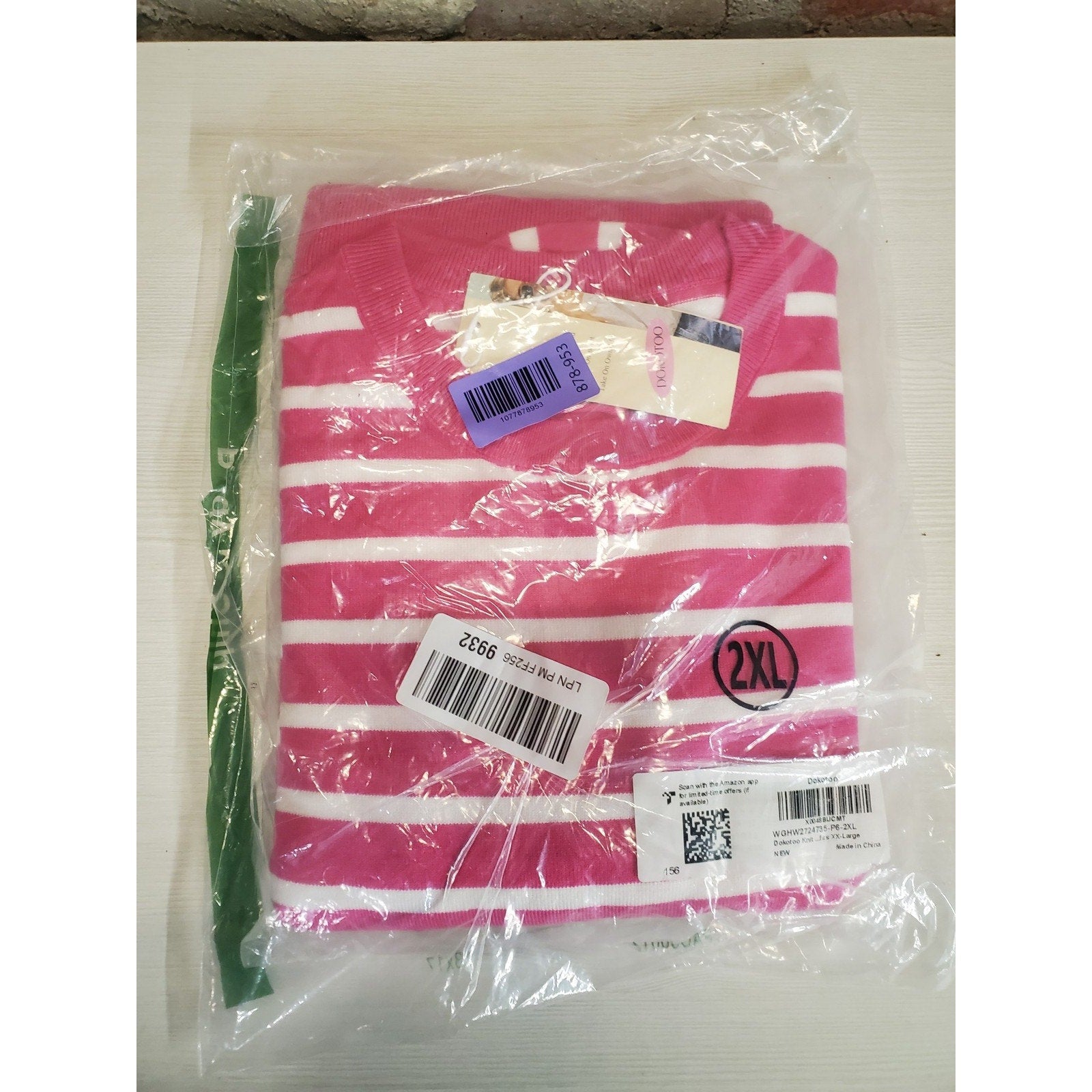 Womens Pink White Striped Sweater 2XL Puff Sleeve Crewneck Long Sleeve Pullover