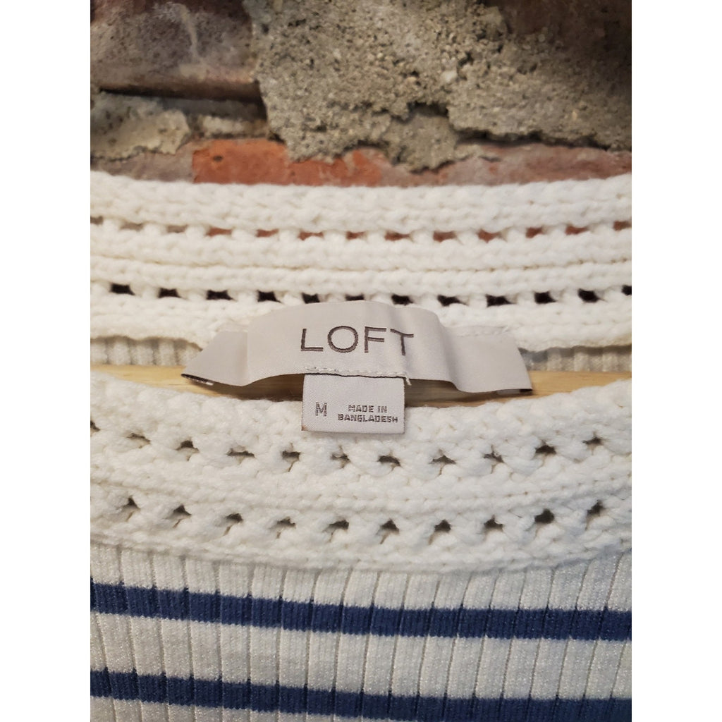 LOFT Womens Ribbed Knit Top M White Blue Striped Boat Neck Crocheted