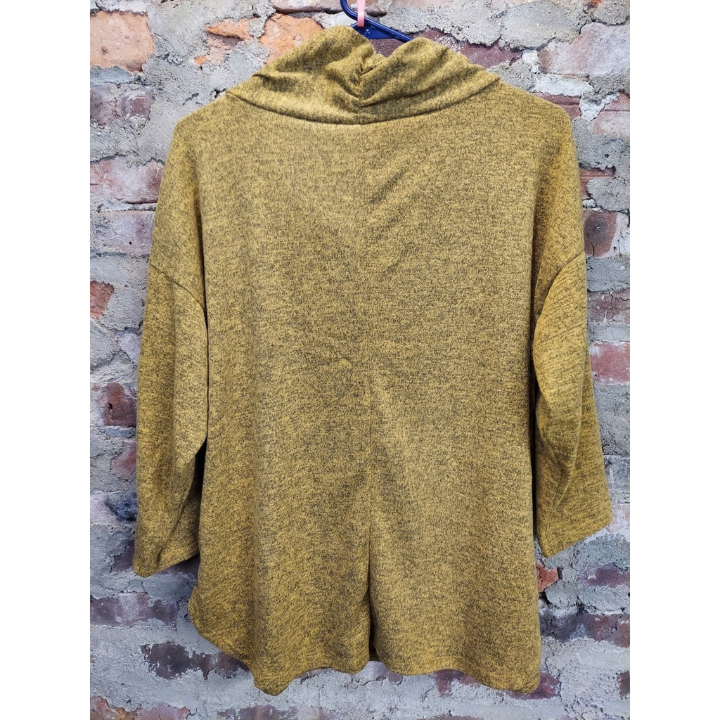 NY Collection Womens Cowl Neck Tunic Sweater 1X Mustard Yellow Button 3/4 Sleeve