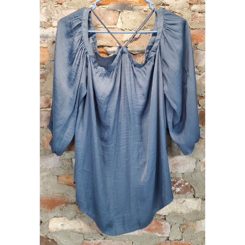 Womens Sz L Off Shoulder Blouse Top Puff Sleeve Slate Blue Satin Silky