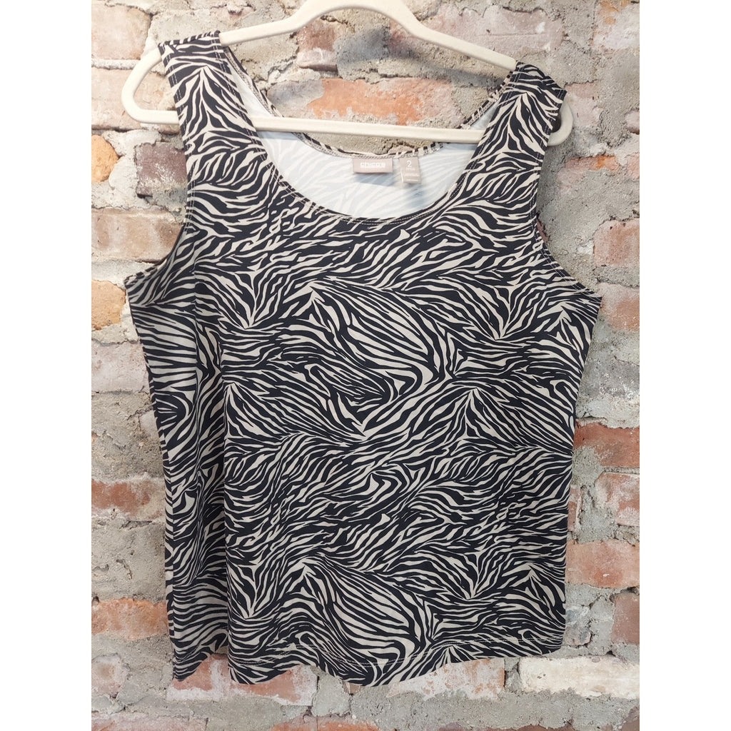 Chico's Womens Tank Top Size 2 Black White Zebra Print Sleeveless Stretch
