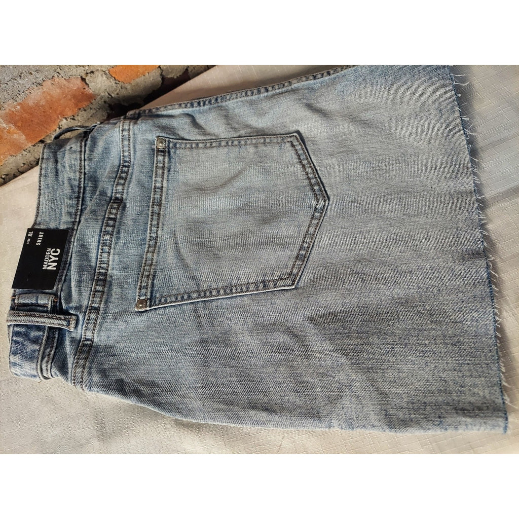 Madden NYC Womens Denim Mini Skirt XL Light Wash Blue Raw Hem Front Pockets