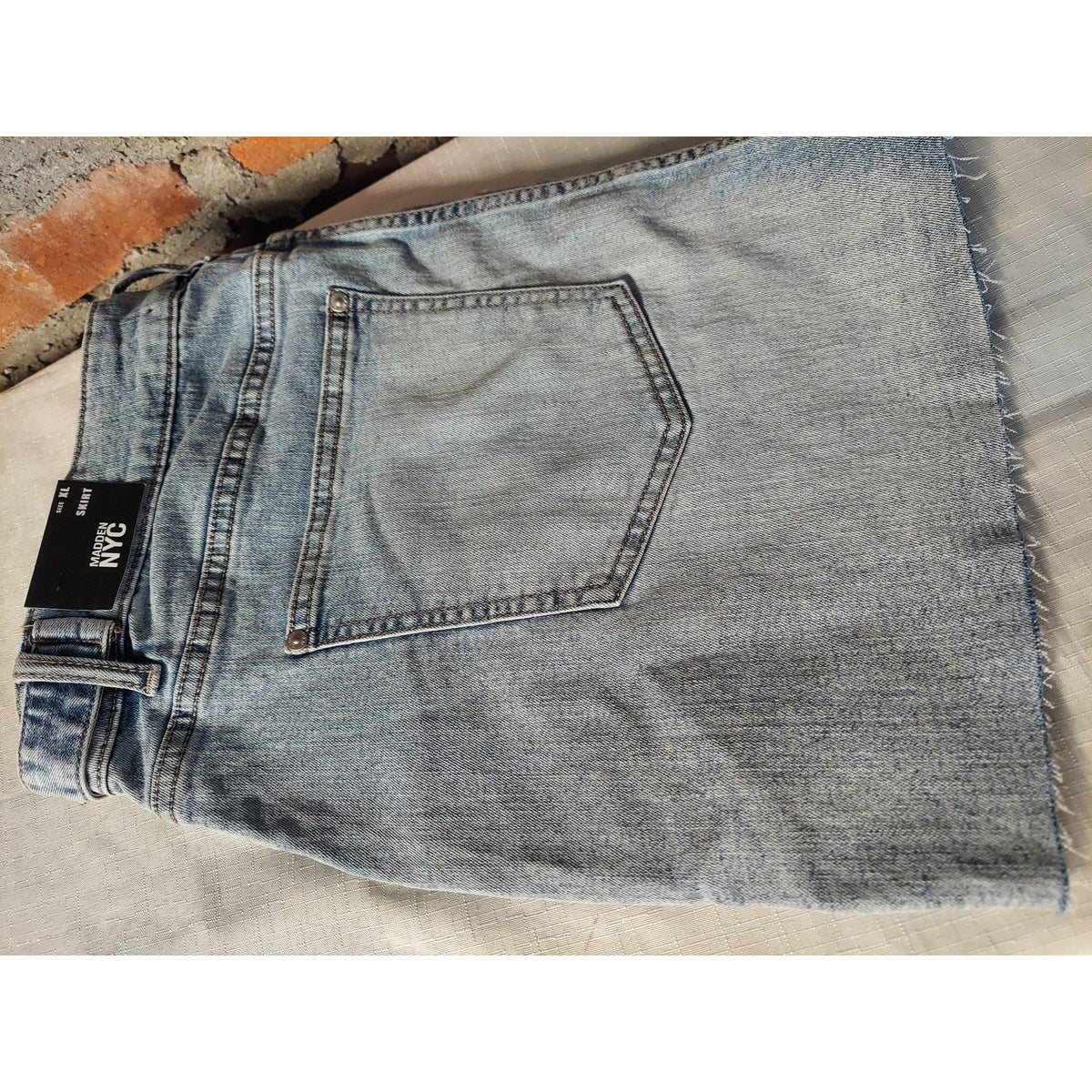 Madden NYC Womens Denim Mini Skirt XL Light Wash Blue Raw Hem Front Pockets
