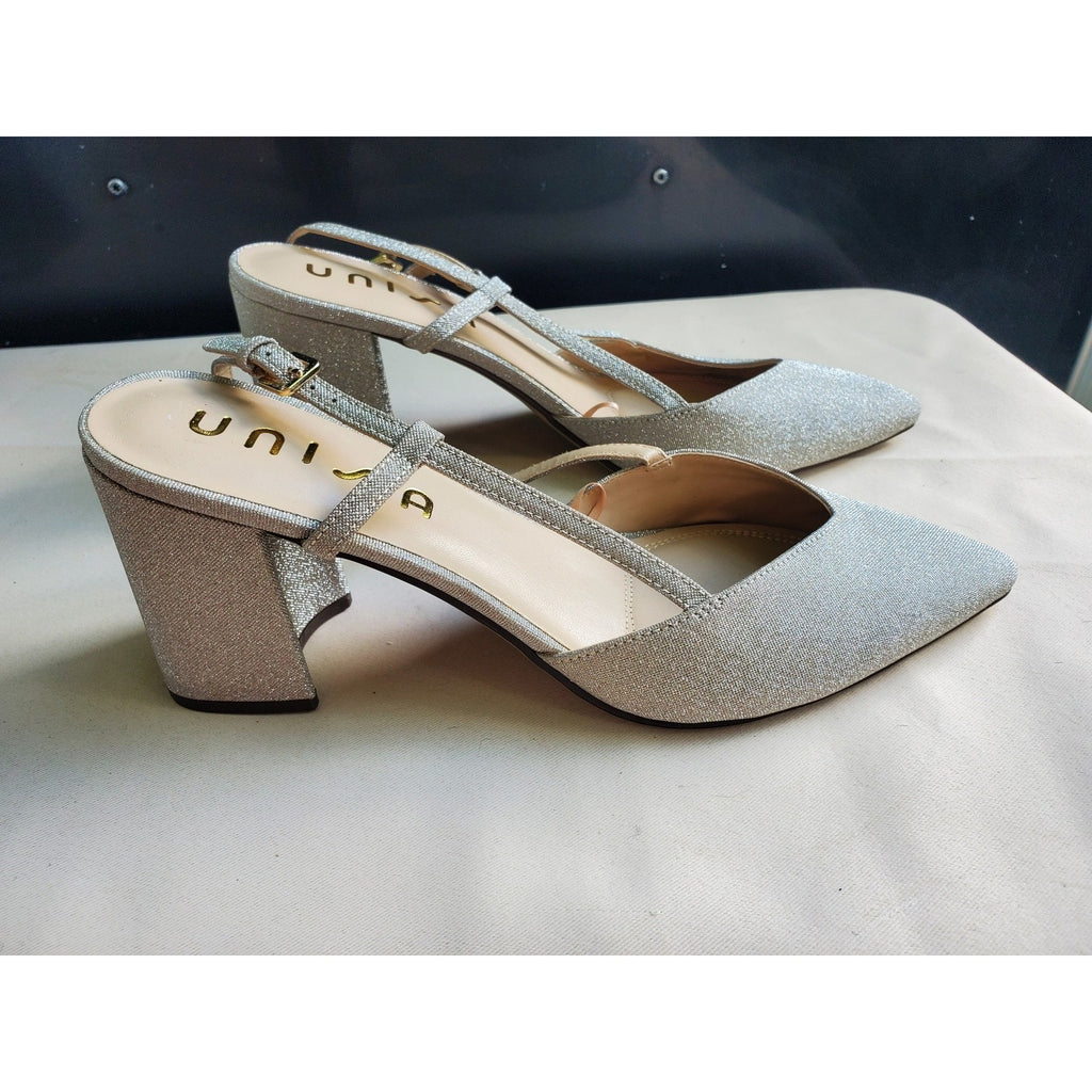 UNISA Womens 11M Silver Glitter Pointed Toe Block Heel Slingback Pumps