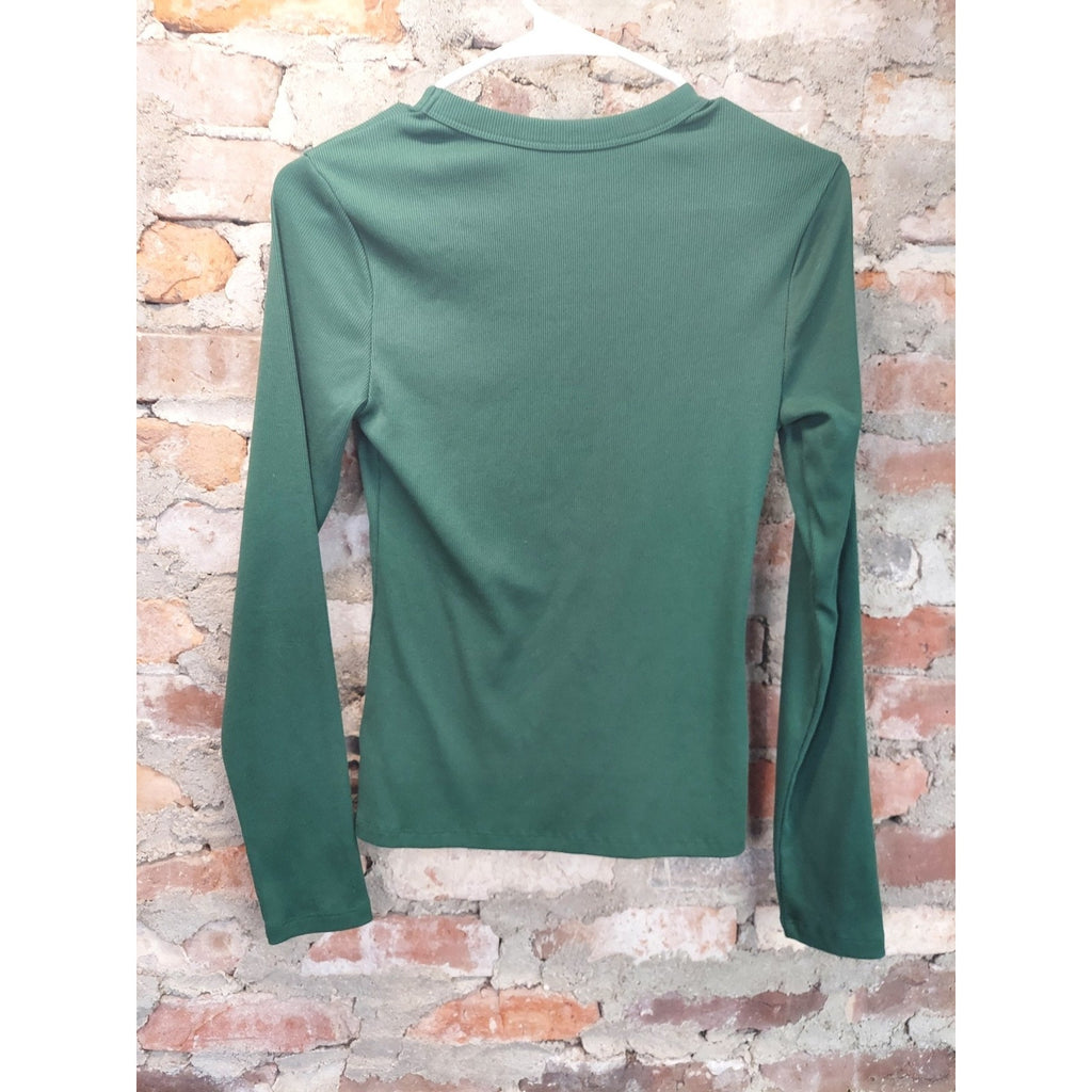 Old Navy Womens Ribbed T-Shirt Long Sleeve S Green Snug Fit Crewneck