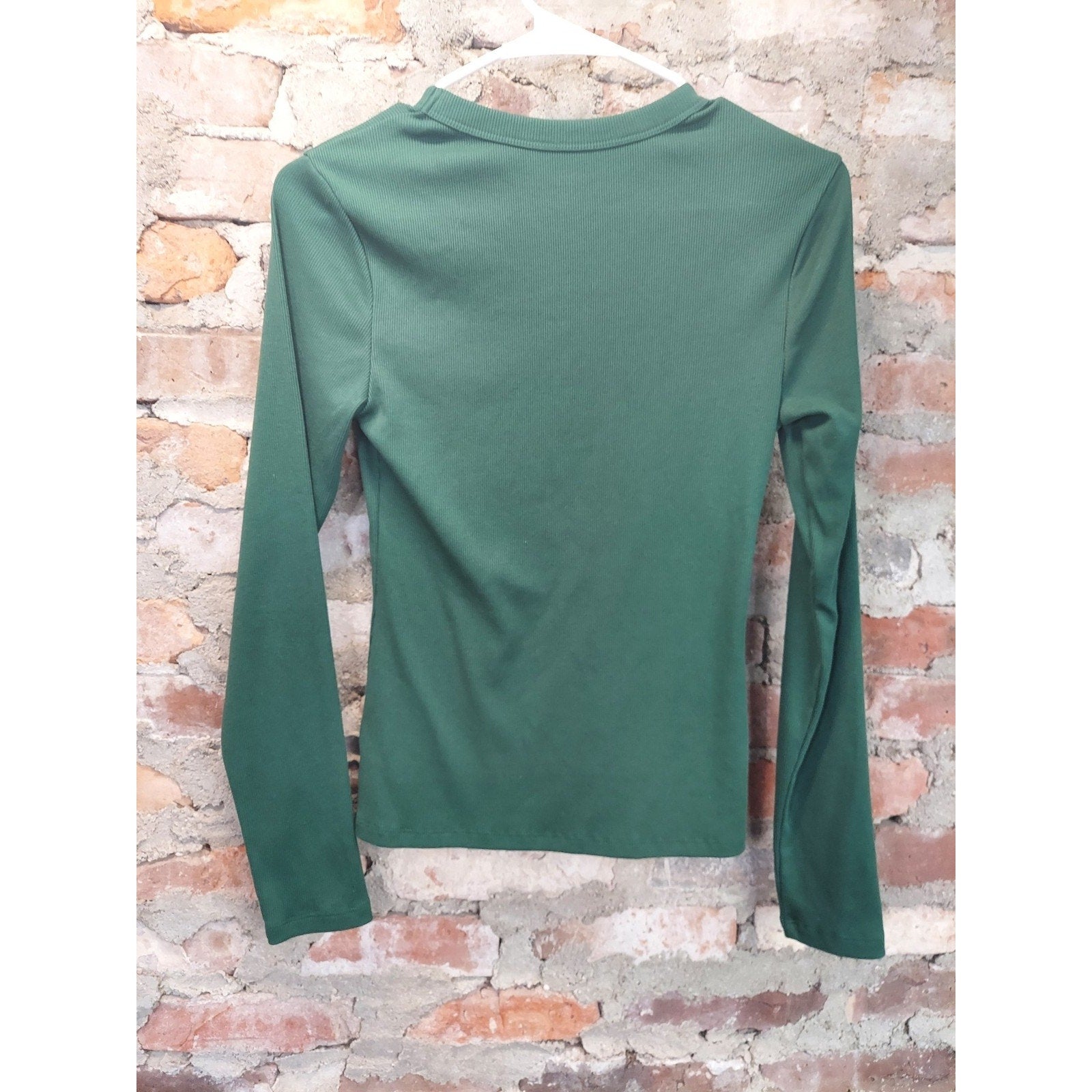 Old Navy Womens Ribbed T-Shirt Long Sleeve S Green Snug Fit Crewneck