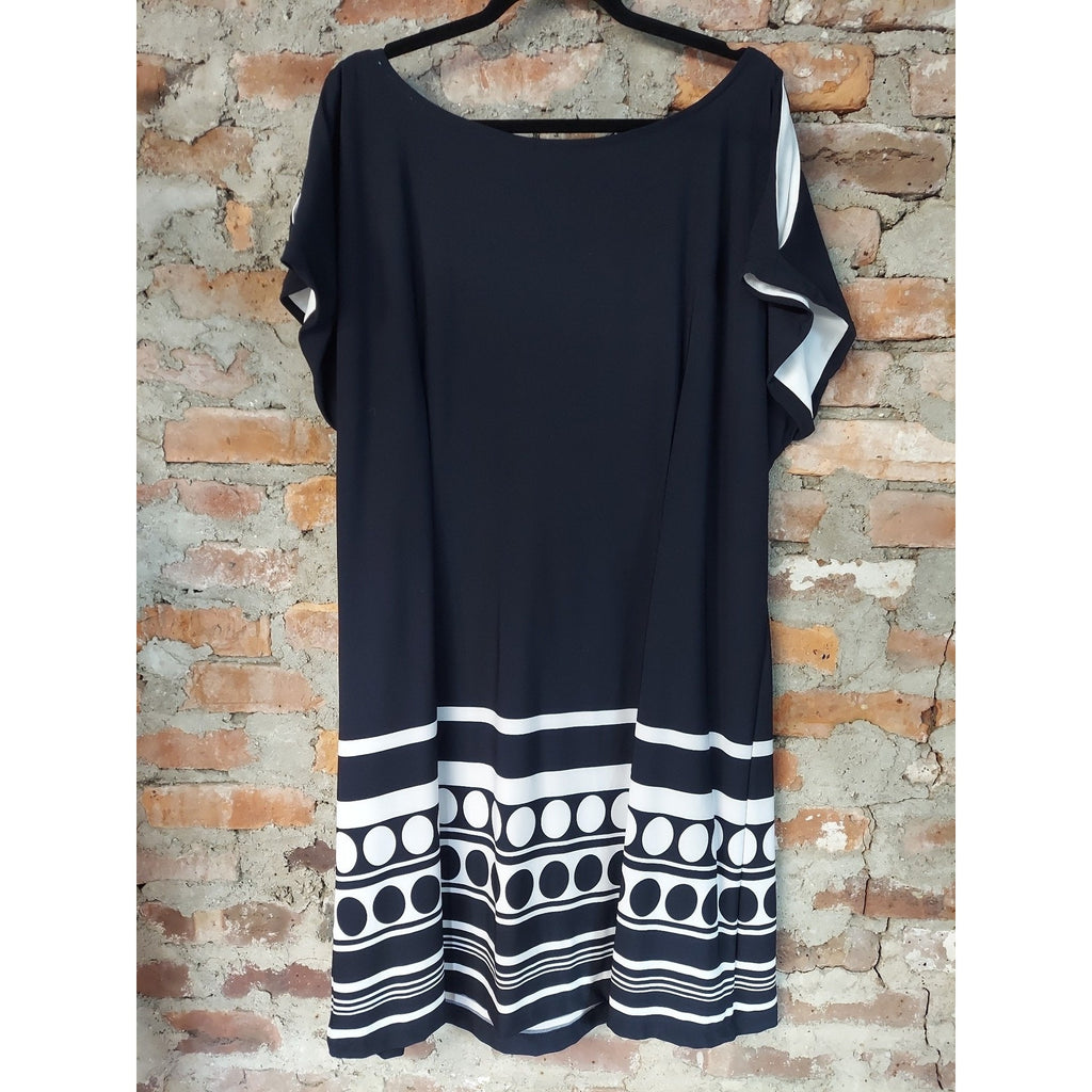dressbarn Womens Dress Size 20 Black White Polka Dot Striped Boat Neck