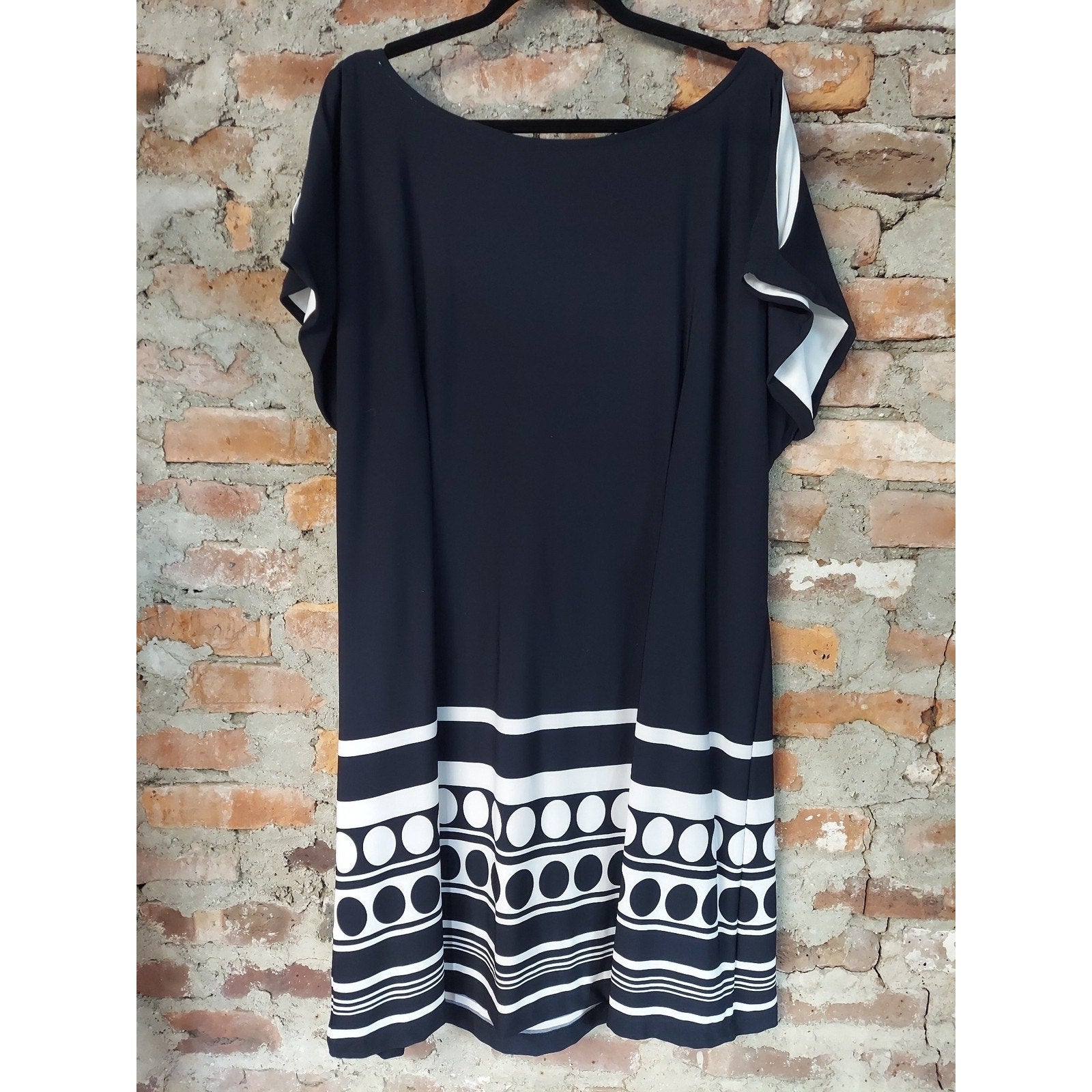 dressbarn Womens Dress Size 20 Black White Polka Dot Striped Boat Neck