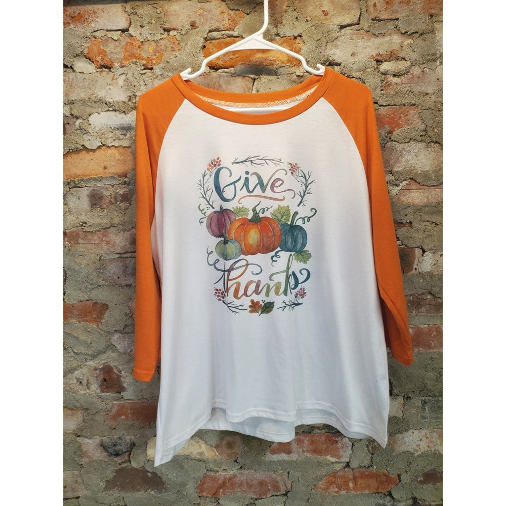 Womens Raglan T Shirt XL White Orange Give Thanks Thanksgiving Fall Autumn