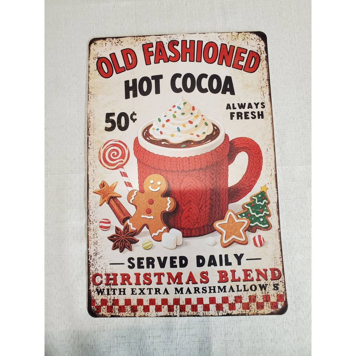 Metal Sign Wall Decor Hot Cocoa Christmas Old Fashioned Vintage Holiday Kitchen
