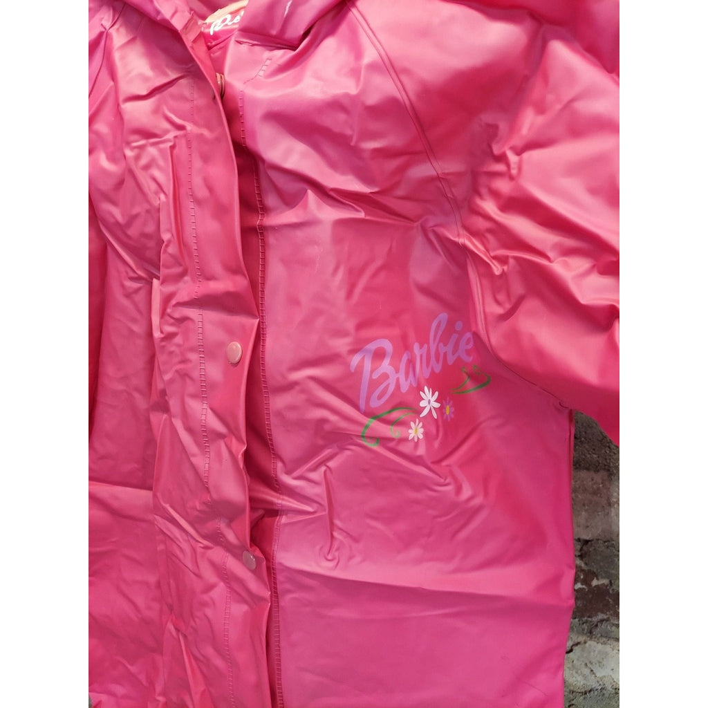 Barbie Girls Hooded Raincoat Pink Rain Jacket Slicker Snap Front Graphic