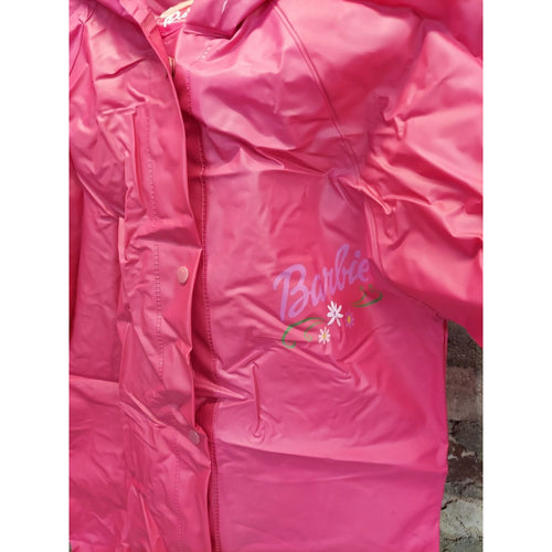 Barbie Girls Hooded Raincoat Pink Rain Jacket Slicker Snap Front Graphic
